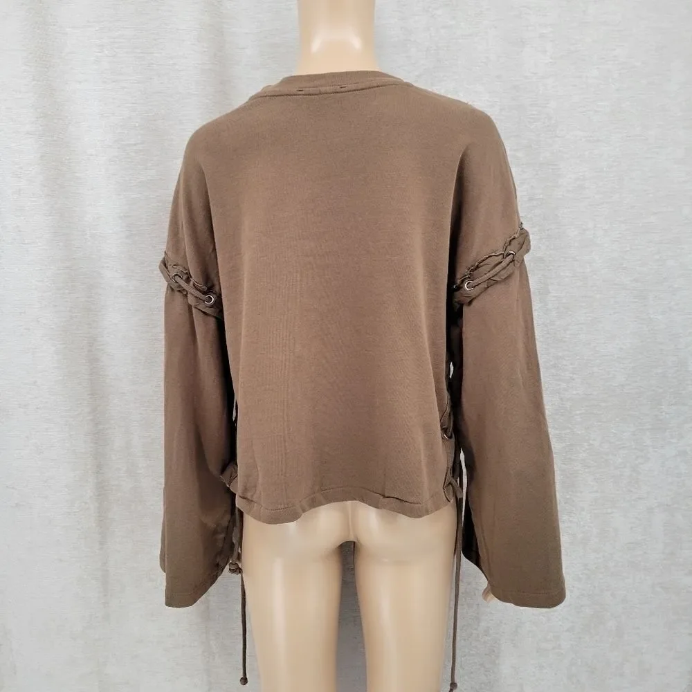 Zara Trafaluc Women's Small Brown Crewneck with Rope Tie Side Bell Sleeves